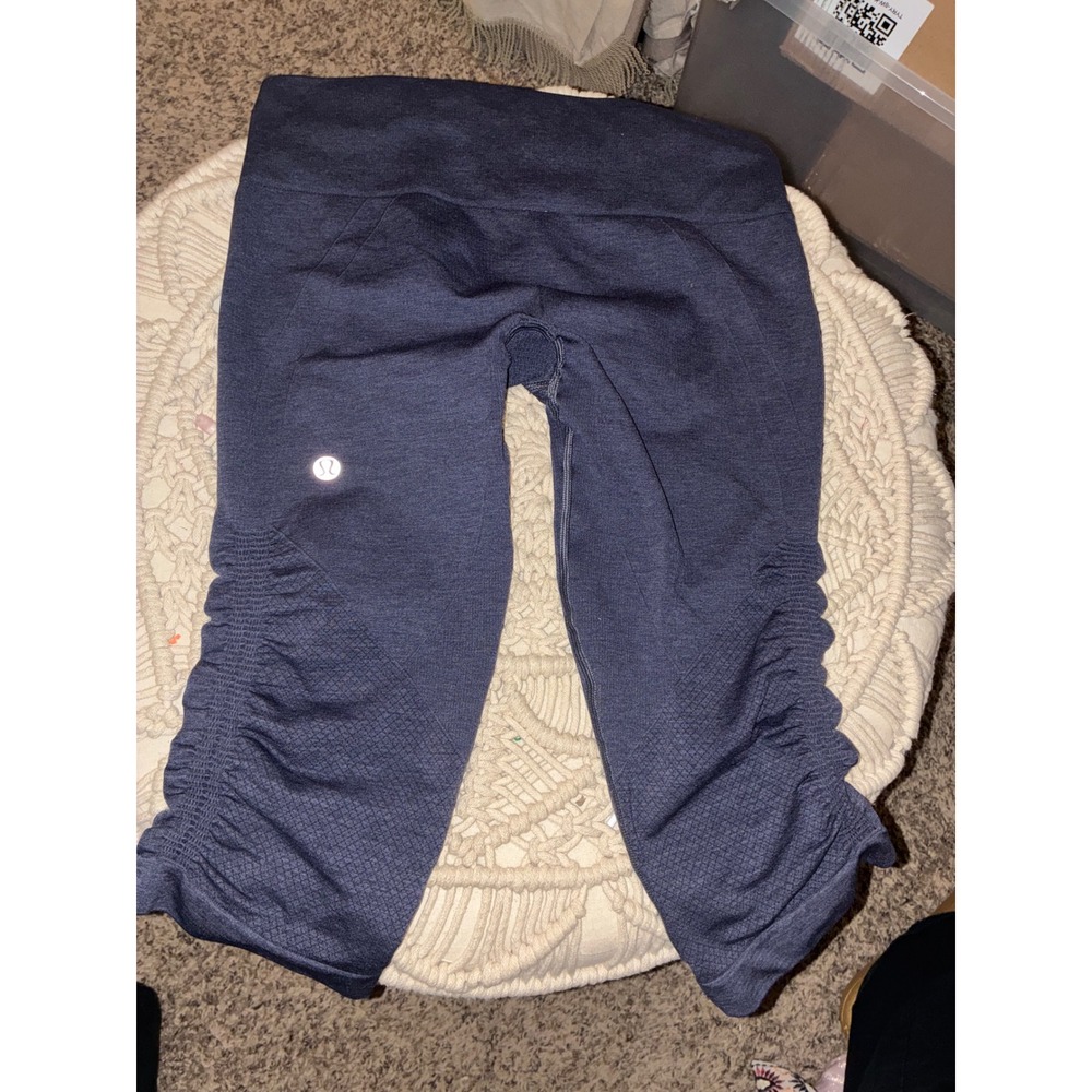 Lululemon‎ Ebb To Street Tight Cropped Leggings Navy Blue Heathered Ruched Mesh